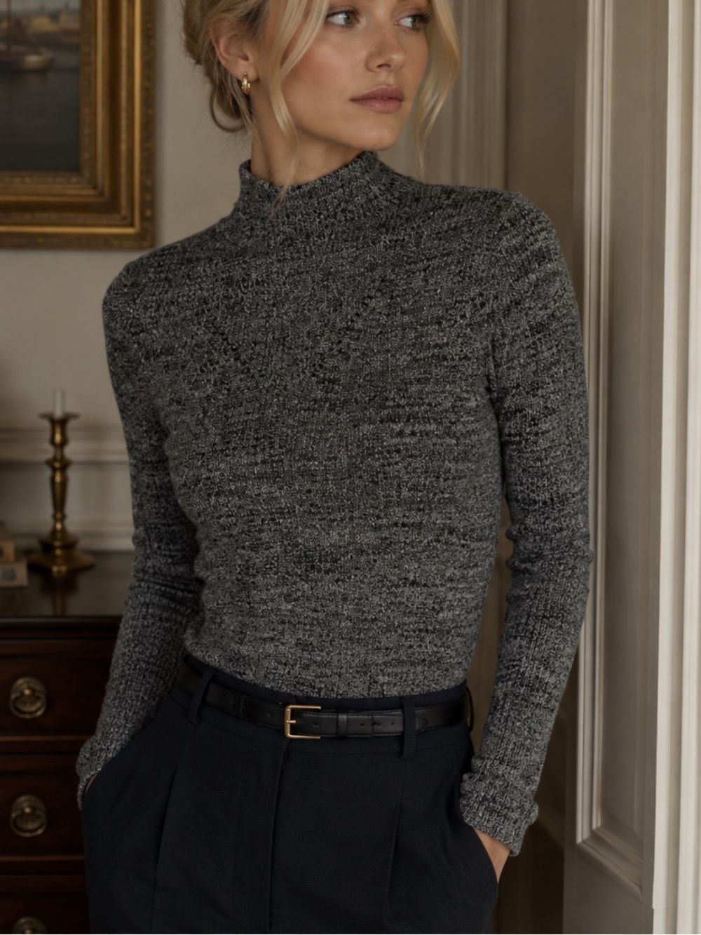 Margaret O'Leary Gray Marled Cotton Turtleneck Sweater Small 54722